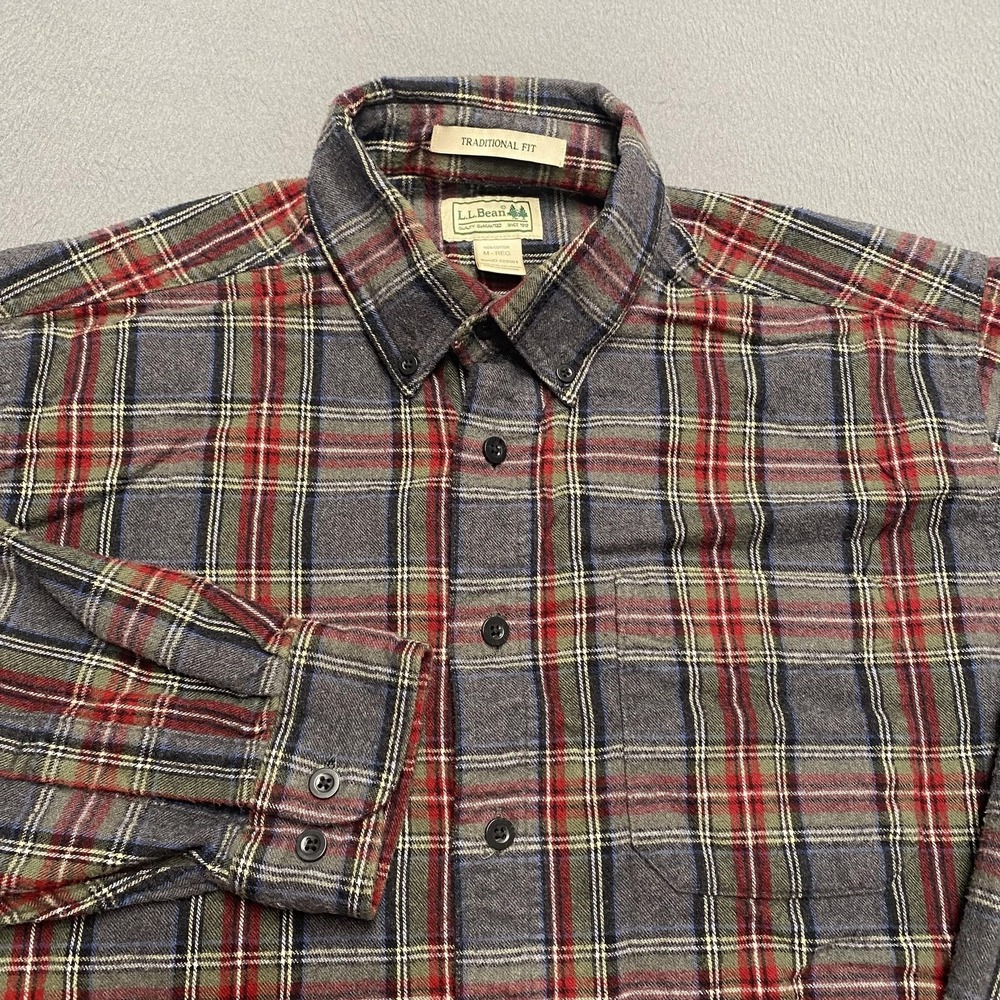 VTG L.L. Bean Shirt Mens Medium Gray‎ Plaid Flannel Long Sleeve Button Up Casual